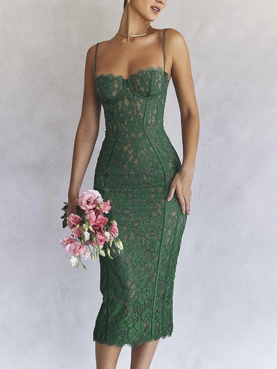 Elegant Floral Sage Backless Midi Dress
